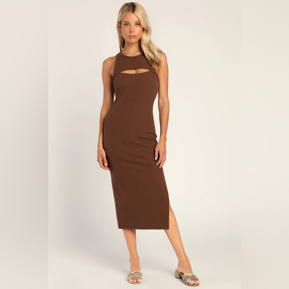 Lulu's Cutout for Cute Brown Sleeveless Cutout Bodycon Midi Dress